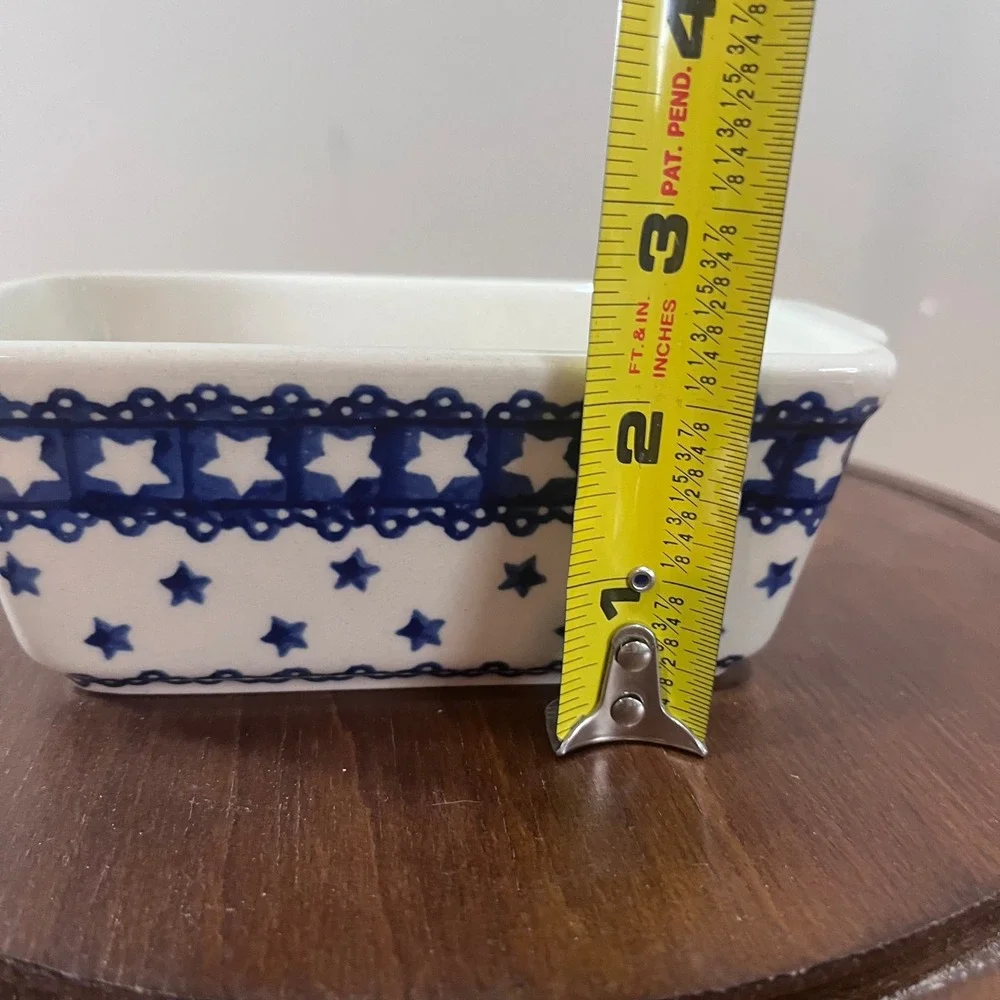 Ceramika Boleslawiec‎ Polish Pottery Mini Loaf Pan Blue White Stars Vtg Folk Art